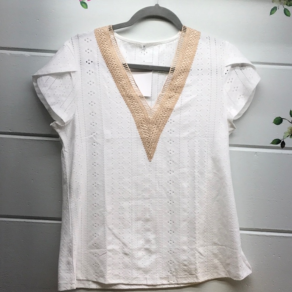 Elegant White and Tan Women's Blouse